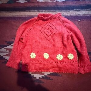 Vintage Red Pink Knit Sweater with Flower Accents 70s